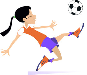 Fototapeta na wymiar Smiling young woman playing football isolated illustration. Cartoon running football player woman beats a ball isolated on white illustration 