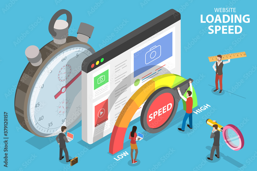 Wall mural website loading optimization, page speed and seo. 3d isometric flat vector conceptual illustration.