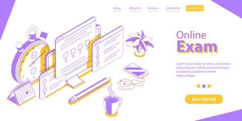 Online Exam, Internet Quiz or Survey, Distant Education, Questionnaire Form. Landing Page Template. 3D Isometric Flat Vector Conceptual Illustration.