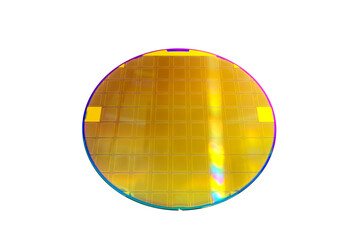 Silicon wafer of gold color with circuit processing isolated on white background.
