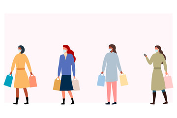 
Portrait of young modern women in masks with purchases in the store. Cartoon vector in flat style. Women in trendy multicolored clothes shopping. Quarantine background. Modern business.