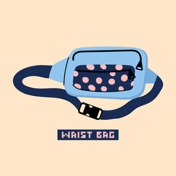 Backpack retro style colorful banana bag. Accessory from 90s. Hand drawn vector illustration. Fancy accessory.