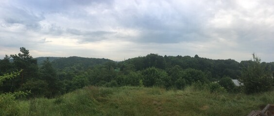 Green meadow in mountains on clody day