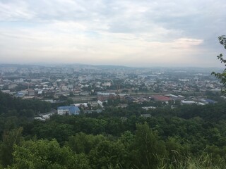 City panorama of Lviv in Ukraine on cloudy summer day