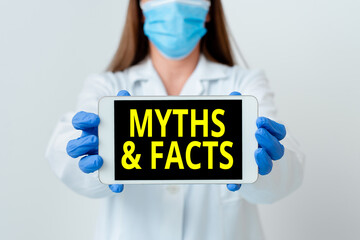 Handwriting text Myths And Facts. Conceptual photo usually traditional story of ostensibly historical events Laboratory technician featuring empty sticker paper accessories smartphone