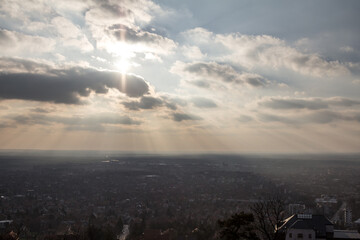 Aerial panorama of Vrsac, in Voivodina, Serbia, during a cloudy sunset, from the Vrsacki Breg, or Vrsac hill, a major city in Eastern Serbia