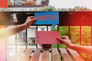 Text sign showing Connectivity. Business photo showcasing quality, state, or capability of being...
