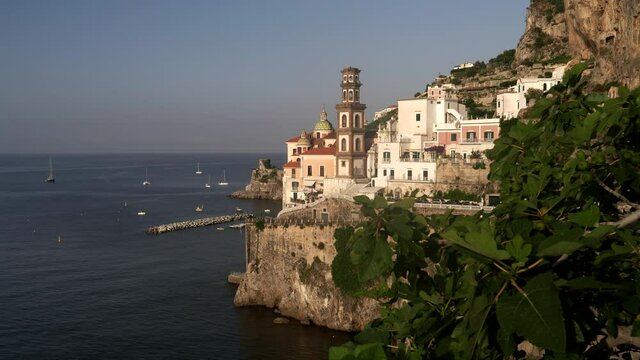 village of atrani with a fig tree in the foreground on the amalfi coast in southern italy