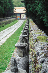 Buddha statues are lined up on the way to a Buddhist temple.