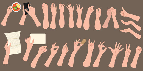 Set of hands showing different gestures isolated. Different hand sign collection. Vector flat cartoon illustration of female and male hands. Emotional expressions and body language.