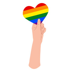 Hand holding hearts with LGBTQ+ flag. Symbol of love, freedom and tolerance. Vector flat design in cartoon style. Isolated on white background.