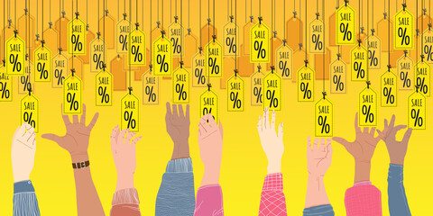 Sale horizontal banner. Hands reach for the sale tags. Vector cartoons flat design. Black friday sale background in yellow colors with hands and sale labels. Trendy design template.