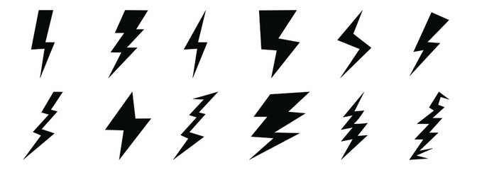 A set of icons depicting lightning, lightning strike, or thunderstorm. Suitable for voltage, electricity and power signs. vector illustration