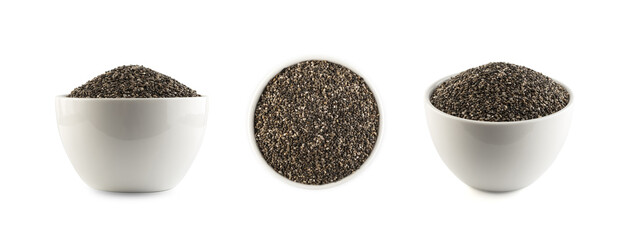 Pile of Chia Seeds in Bowl Isolated on White Background