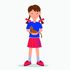 full-length girl with a kitten in her arms, family, vector graphics on a white background