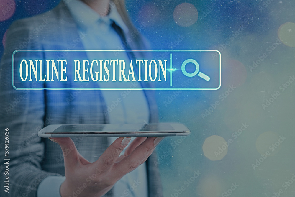 Poster text sign showing online registration. business photo text system for subscribing or registering via