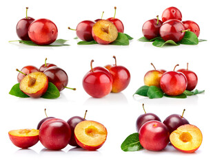 Colage mix set of fresh plum fruits with green leaves isolated on white background.