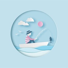 Young boy in hat sitting in a boat, with a fishing rod, dragging fish. Sea summer landscape with fisherman, sun and clouds. Paper cut out digital craft style. Carving art. Vector illustration