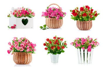 Set of bouquets of pink roses in basket isolated on white background.