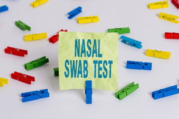 Writing note showing Nasal Swab Test. Business concept for diagnosing an upper respiratory tract infection through nasal secretion Colored clothespin papers empty reminder white floor background