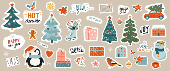 Collection of Christmas decorations, holiday gifts, winter knitted woolen clothes, ginger bread, trees, gifts and penguin. Colorful vector illustration in flat cartoon style.