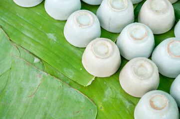Dessert cups placed on green banana leaves, Thai dessert cups