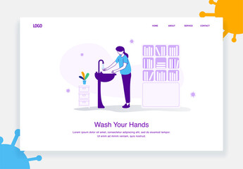 flat illustration concept of woman takes care of her health by washing her hands to avoid the virus for landing page template