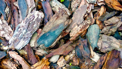 Multi-colored brown blue and purple orange mulching flowerbeds using natural pine mulch. natural mulch for landscapes. Close for background