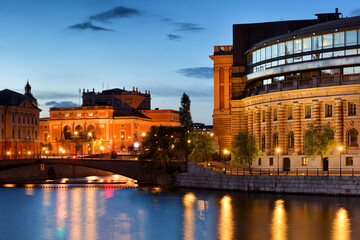 Fototapeta na wymiar Landmark historic buildings in Stockholm illuminated at evening time