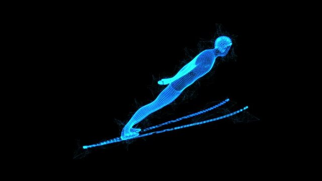 Ski jumper sportsman. Wireframe low poly mesh cyberspace grid science and technology Available in FullHD and HD video