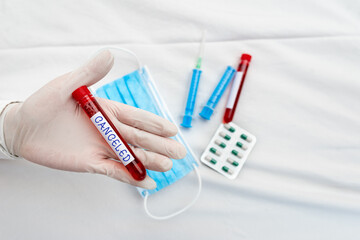 Fototapeta premium Word writing text Canceled. Business photo showcasing to decide not to conduct or perform something planned or expected Extracted blood sample vial ready for medical diagnostic examination