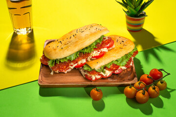 Sandwich with chorizo, cheese and vegetables on yellow and green background with copy space 