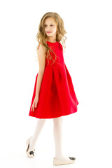 Full Length Portrait of Pretty Preteen Girl Standing Looking to Side.