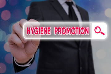 Writing note showing Hygiene Promotion. Business concept for systematic program to prevent related disease with sanitation Web search digital information futuristic technology network connection