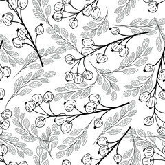 Hand drawn berries and leaves on a white background. Outlines vector seamless pattern. Design for fabric, print, wrapping. 