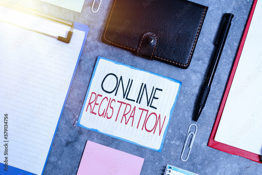 Poster handwriting text online registration. conceptual photo system for subscribing or registering via the