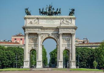 The neoclassical Arch of Peace, a triumphant arch located at Sempione Gate, one of Milan’s many city gates, in Lombardy, Italy