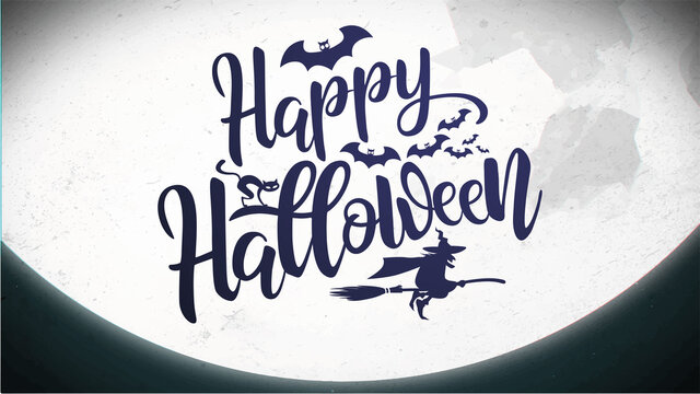 carte ou bandeau sur "happy halloween" en noir et bleu écrit sur la lune blanche sur un fond vert avec une sorcière sur son balais, des chauves souris