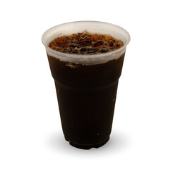 Ice coffee in a tall glass on white background.