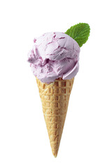 Blueberry ice cream in waffle cone isolated on  white .