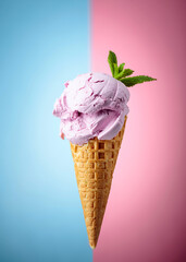 Blueberry ice cream in waffle cone.