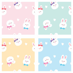 Seamless Pattern with Cartoon Rabbit Face Design on Pastel Color Background. Set of Rabbit Face Seamless Patterns.