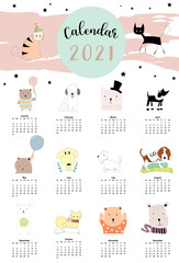 Cute animal calendar 2021 with dog, cat, bear for children, kid, baby.Can be used for printable graphic.Editable element