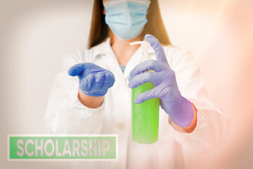Handwriting text Scholarship. Conceptual photo grant or payment made to support a student s is education Laboratory blood test sample shown for medical diagnostic analysis result