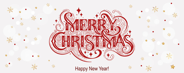 Merry Christmas and Happy New Year Vintage background with typography. Drawn by hands. Vector image.