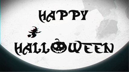 carte ou bandeau sur "happy halloween" en noir écrit sur la lune blanche sur un fond vert avec une sorcière sur son balais