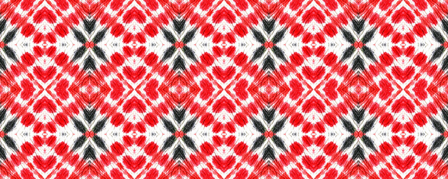 Tribal Boho Pattern. Repeat Tie Dye Rapport. Ikat Persian Design. Red, Black, White Seamless Texture. Abstract Shibori Design. Ethnic Tribal Boho Pattern.
