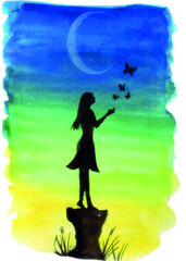 The Watercolor Silhouette Of a Girl At The End Of a Cliff Being Comforted By Butterflies Flying On Her Pretty Wings.