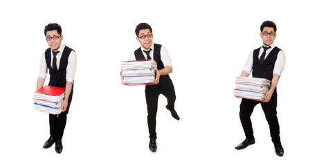 Funny man with lots of folders on white