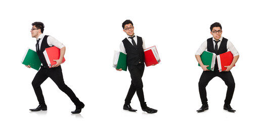 Funny man with lots of folders on white